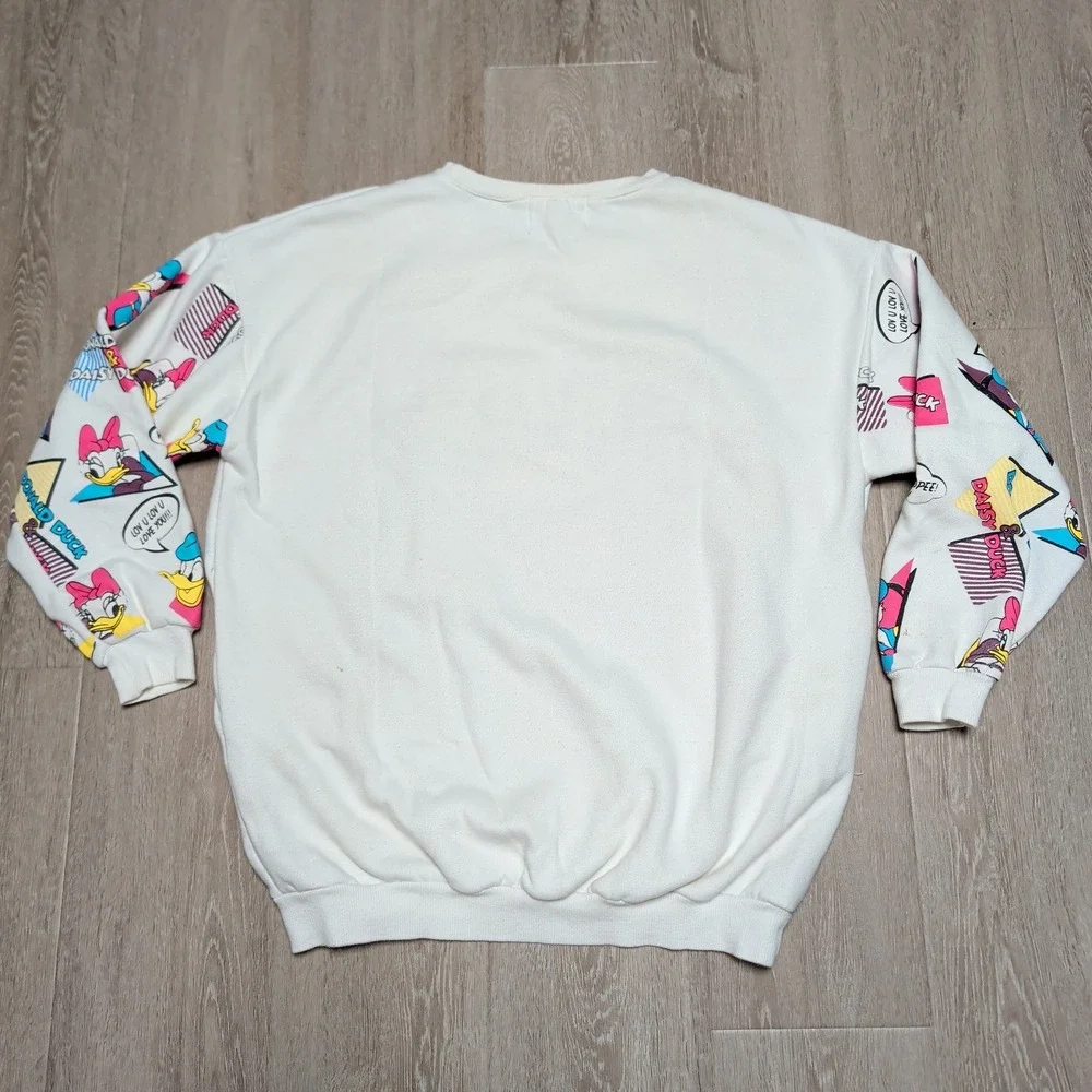Rare Vintage Y2K Donald Daisy Duck Comic Print Sweatshirt Fang! Patch XL Pockets